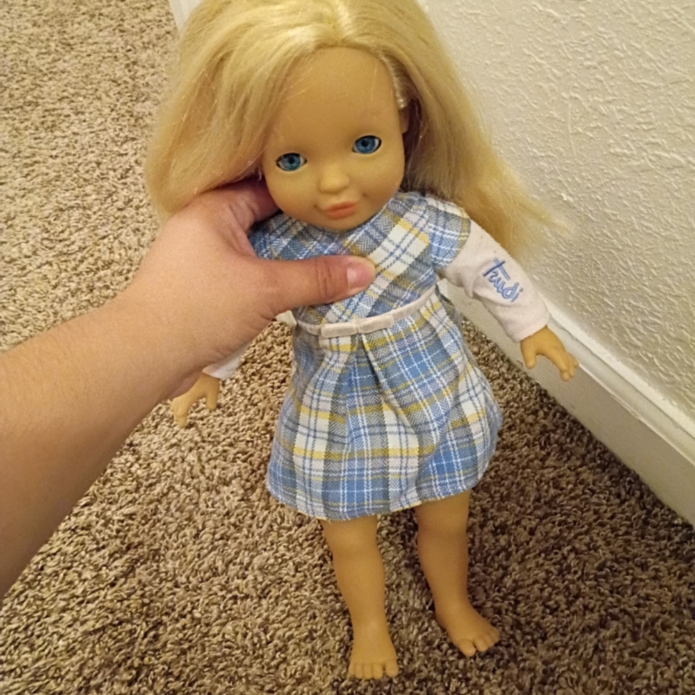 Blonde Doll in Blue Plaid Dress